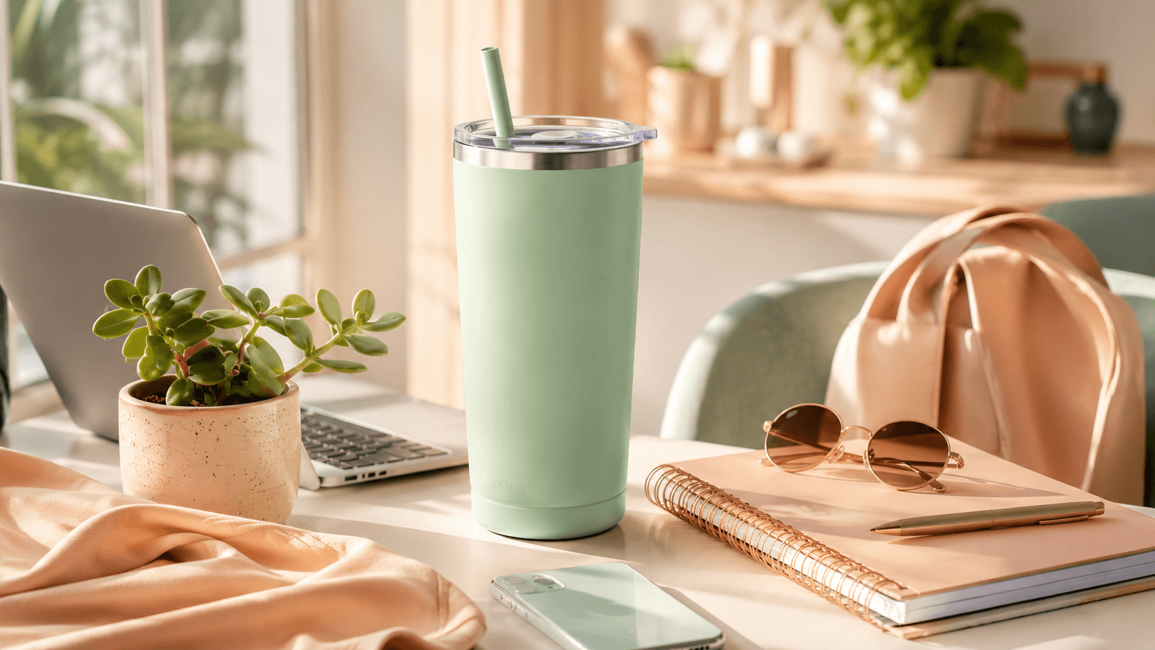 Tumbler estetik di atas meja dengan suasana lifestyle anak muda yang clean dan minimalis.