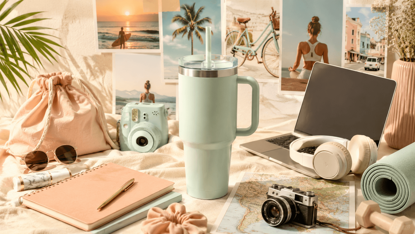 Tumbler pastel yang digunakan untuk berbagai aktivitas harian seperti belajar, bekerja, olahraga, dan bepergian.